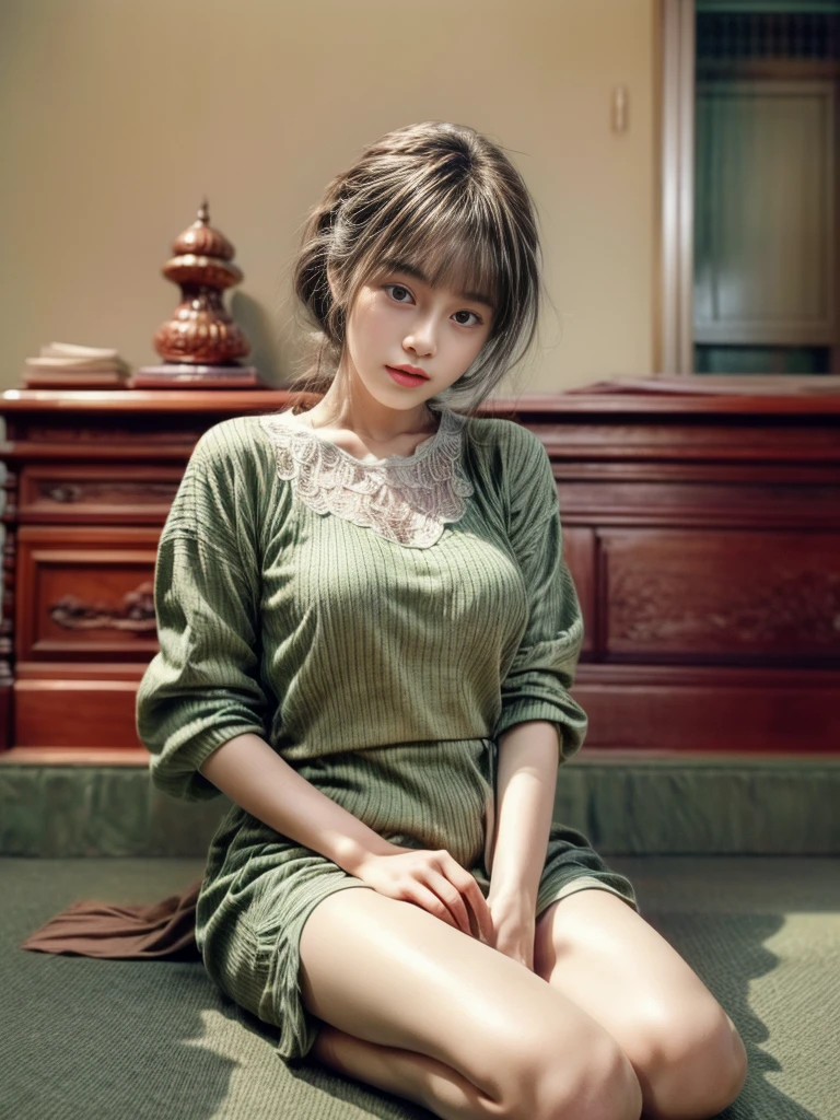 masterpiece、8K、32K、highest quality、(detailed eye)、(cute japanese woman、bangs)、23 years old、1 girl、elegant、(Detailed background depiction、Portrait:1.2)、sit on the floor、Green lace underwear、(movie, Ilford HP5, 80mm)