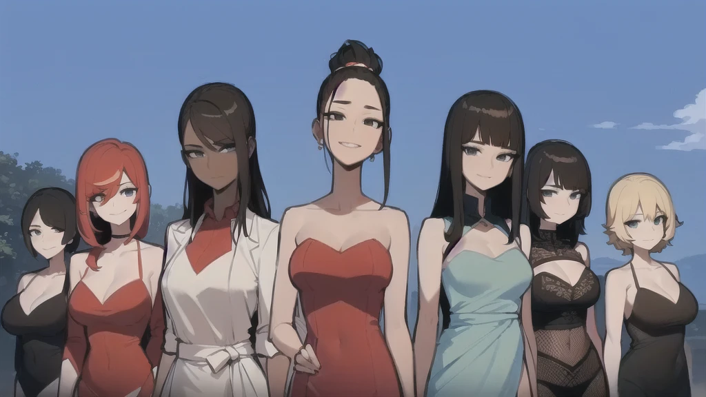 seven sexy women who are wives of 4 years old boy, looking at camera, seductive smiles, portrait, various hair