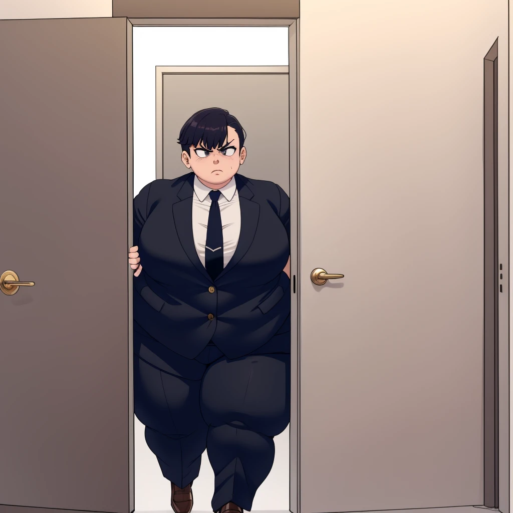 masterpiece, 1girl behind a doorway, from front, (doorstuck, stuckfront:1.3), wide hips,  thick thighs, colorful clothing, wearing suit and tie and formal pants, upset 