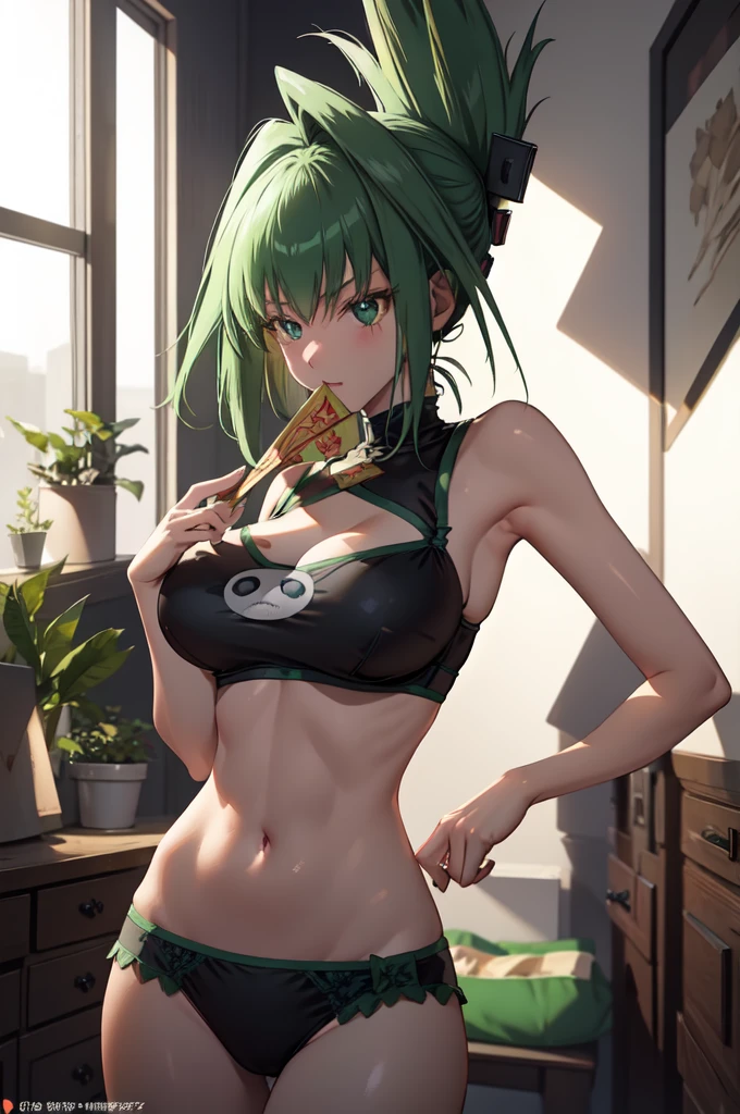 masterpiece, best quality, 1girl, solo, green hair, folded ponytail, green eyes, tao jun, large breasts, room, bra, thong, navel, lingerie