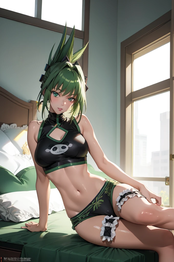 masterpiece, best quality, highres, 1girl, rebecca \(cyberpunk\), solo, twintails, hairband, mechanical eye, colored sclera, red sclera, colored skin, white skin, leg tattoo, neck tattoo, green hair, long hair, small breasts, black bra, thong, fang, red pupils, skin fang, red eyes, sleeveless, indoors, lying on bed, sexy, cute, beautiful, naked