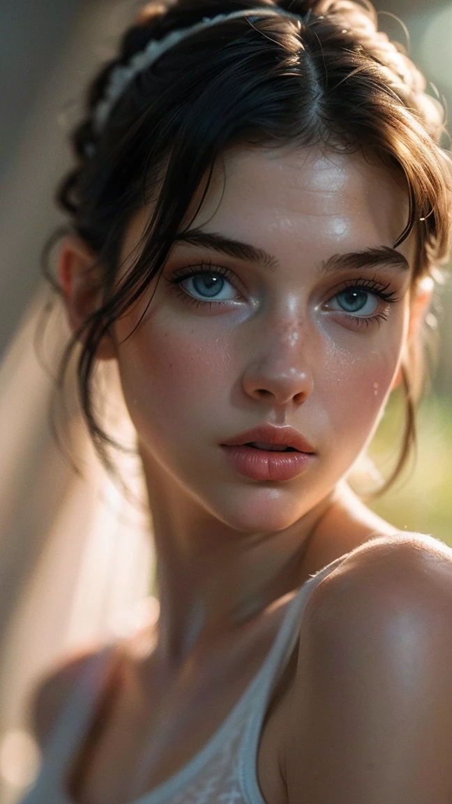 (((ultra realistic))) Photo, masterpiece, top quality, (pale skin), (Ultra detailed face and eyes:1.3), 1 girl, Adult, in a T-shirt, (Eye makeup, mascara) , ((large detailed lips)), ((Bright волнистые волосы)), ((Chyolka)) , (Natural breasts), Slim waist. ((Posing)), photoshoot, studio (soft lighting), (The play of light and shadows), depth of field, bokeh, (special attention to skin detail: 1.2), Detailed leather texture, skin pores. (Airy atmosphere of the frame. Color range - delicate, Bright, white, Pink tones), UDR, ((Film grain)), ((rays)), ((Glare)), ((waist up portrait, close to the camera)) , ultra detialed, 