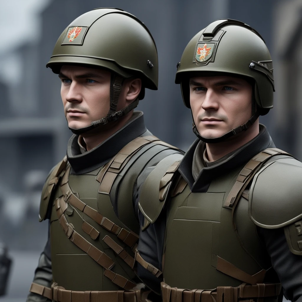 Create a Russian soldier with his head in a helmet, a banker's hat, and carrying a modern AK47.
