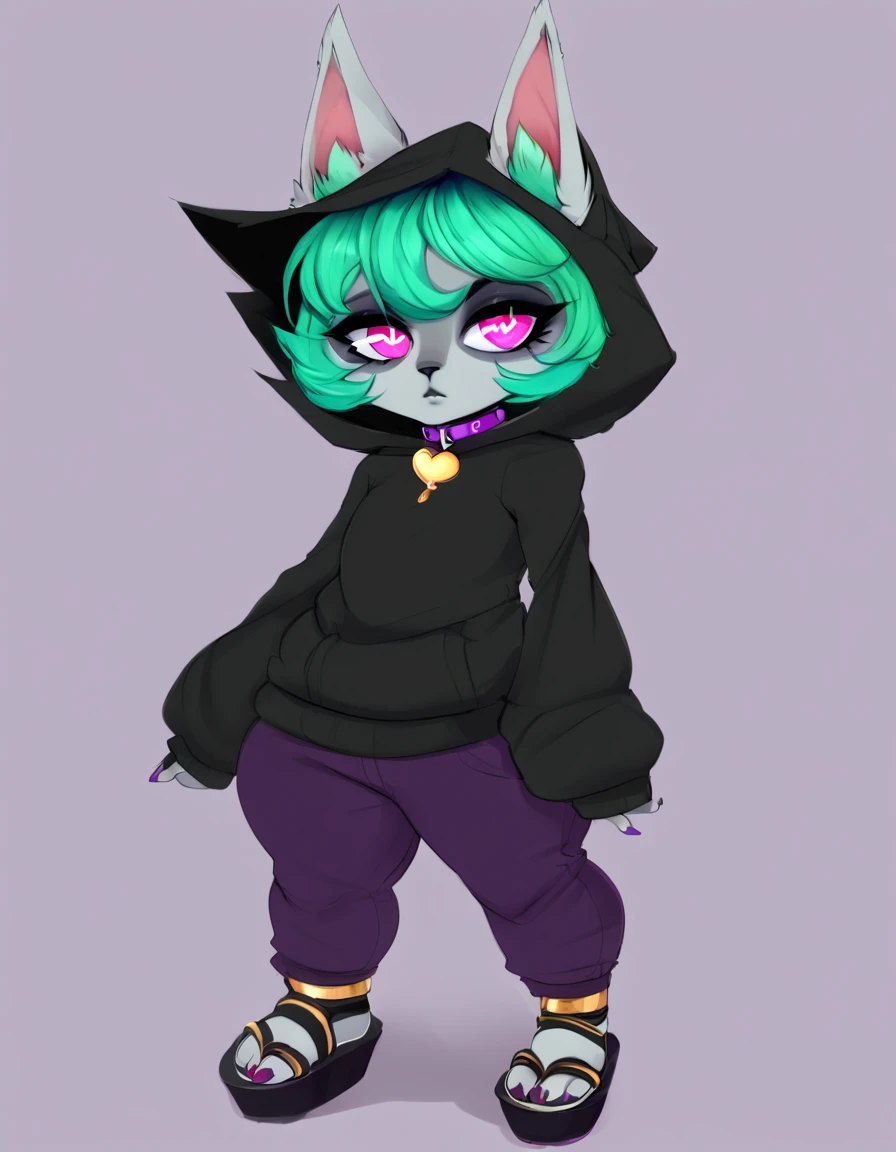 VexLoLXL, yordle, shortstack, pink eyes, green hair, bangs, short hair, grey skin, colored skin, black hood, hood up, ears through headwear, white animal ears, black shirt, purple collar, golden ornament, long sleeves, sleeves past wrists, purple pants, sandals,simple_heart-shaped_pupils,