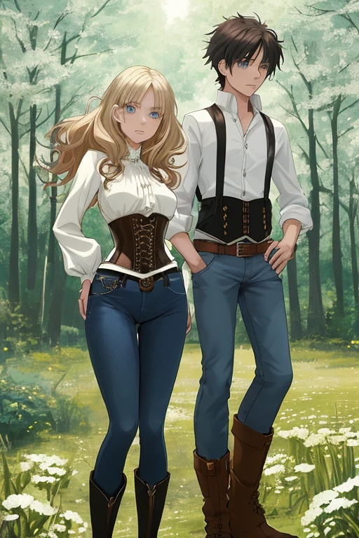 Anime style scene with a 21-year-old female character with a mature face, arching her back, and an adolescent boy standing behind her, looking at her. The woman has long, waist-length, wavy blond hair, V bangs, and blue eyes, wearing a white blouse with a chocolate-colored corset over it, skinny tight blue jeans, and high boots. The boy has short dark hair, a slim build, and is wearing casual clothes. They are in a vibrant spring field at midday, with the boy's gaze focused on the woman, creating a dynamic and intriguing atmosphere.