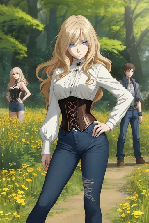 Anime style scene with a 21-year-old female character with a mature face, arching her back, and an adolescent boy standing behind her, looking at her. The woman has long, waist-length, wavy blond hair, V bangs, and blue eyes, wearing a white blouse with a chocolate-colored corset over it, skinny tight blue jeans, and high boots. The boy has short dark hair, a slim build, and is wearing casual clothes. They are in a vibrant spring field at midday, with the boy's gaze focused on the woman, creating a dynamic and intriguing atmosphere.