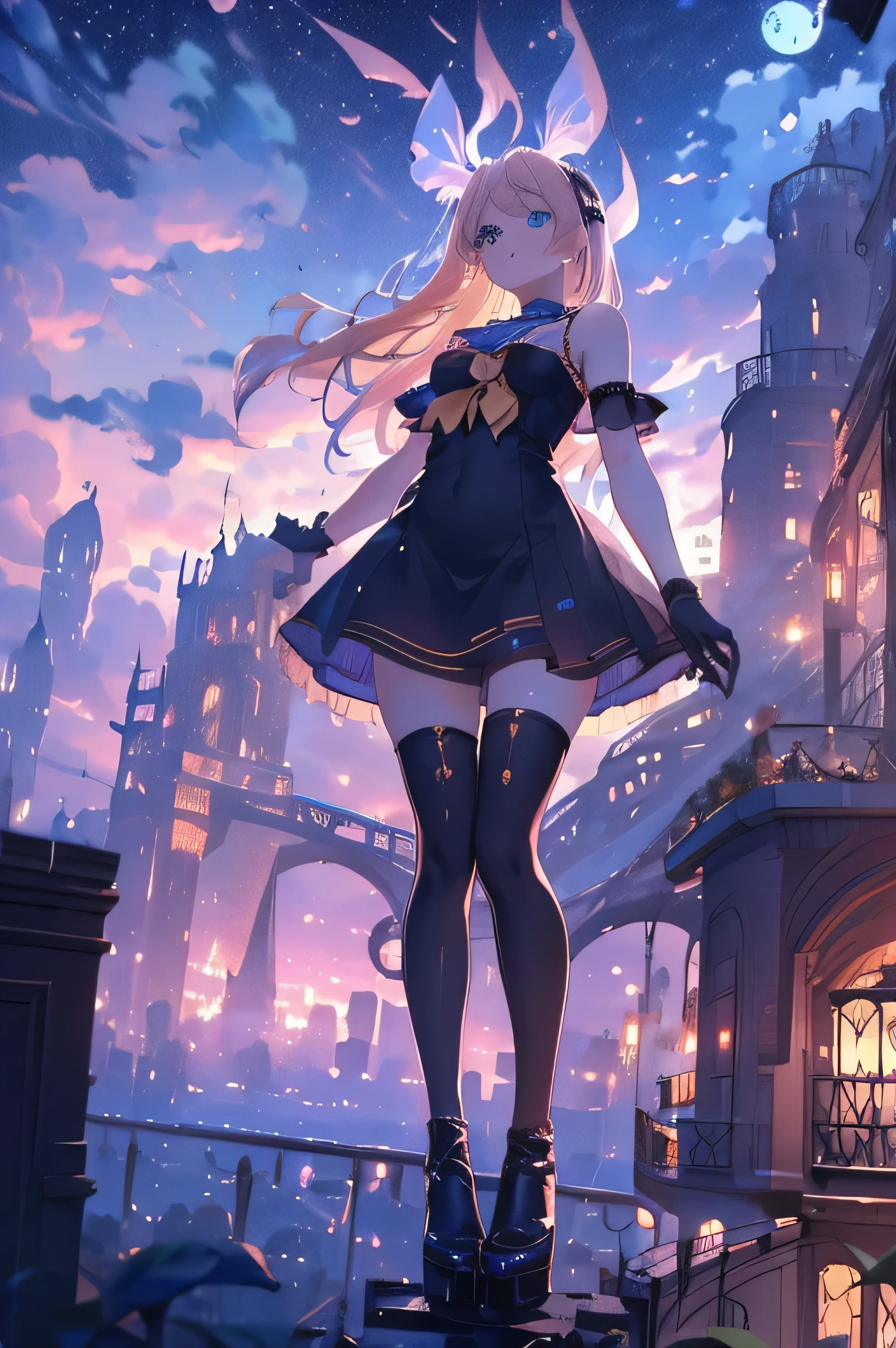 absurdres, uhd, (((best Quality))), ((ultra detailed)), ((illustration)), full resolution, hdr, 5k, ((full body)), (Masterpiece, Best quality:1.4), (Beautiful, Aesthetic, Perfect, Delicate, Intricate:1.2), (ultra resolution:1.2), (ultra detailed), 1girl, 1 human woman, ((blue eyes, blonde hair)), ((Kagamine Rin, number tattoo)), bow, sailor collar, medium hair, small breasts, ((21 years old)), a cool and thin adult woman, wide hips, ((chubby thighs)), detailed eyes, ((long eyelashes)), side glance, pretty eyes, black and white dress, (((two-tone dress))), black gloves, shiny, reflective, twisting hips, knees together, ((thigh gap)), zettai ryouiki, black boots, Additional lighting, ((city)), buildings, (dynamic), (ready to fight), (tough), falling, in despair, crying, screaming, ((from above)), majestic view