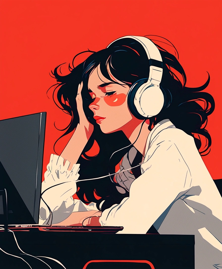 there is a woman sitting at a desk with headphones on, lofi portrait, phone background, phone wallpaper, lofi art, digital art ilya kuvshinov, in style of atey ghailan, lofi girl, illustration style, with headphones, by Atey Ghailan, lofi artstyle, lo-fi illustration style, iphone wallpaper