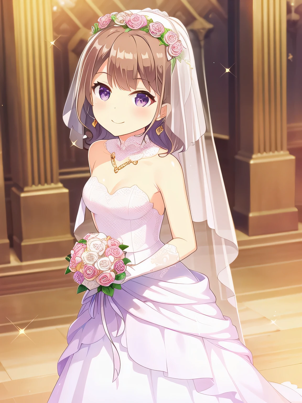 Highest quality, (masterpiece:1.2), Very detailed, (masterpiece), (figure),church、
Dust particles in the air, Light, Day, Wearing a white wedding dress, White wedding gloves, holding a bouquet of white roses, White Veil, Shoulders open, pink flower crown、Neckline, chestの真ん中, Are standing, At the ceremony, Windows、One girl, alone, Brown Hair, Purple eyes, jewelry, Earrings, chest, bangs, medium chest, Shine, Eyebrows visible through hair, Sparkle, Lens flare, blush, (View your viewers), face waiting for kiss,smile
