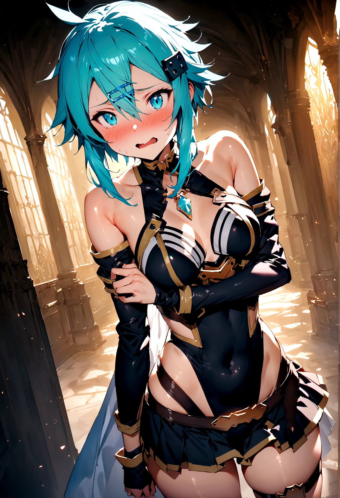NSFW,masterpiece,Highest quality,High resolution,Super detailed,Sinon\(Sword Art Online\),Bare shoulders,Removable sleeves,Hand guard,leotard,Cape,Frilled mini skirt,gem, hair ornaments, Hair Clip,Thigh straps,Embarrassed,Surprised face,(Lust),(Estrus),blush,Fantasy,Adventurer's Guild,reception,indoor,(male),Pulling your arm