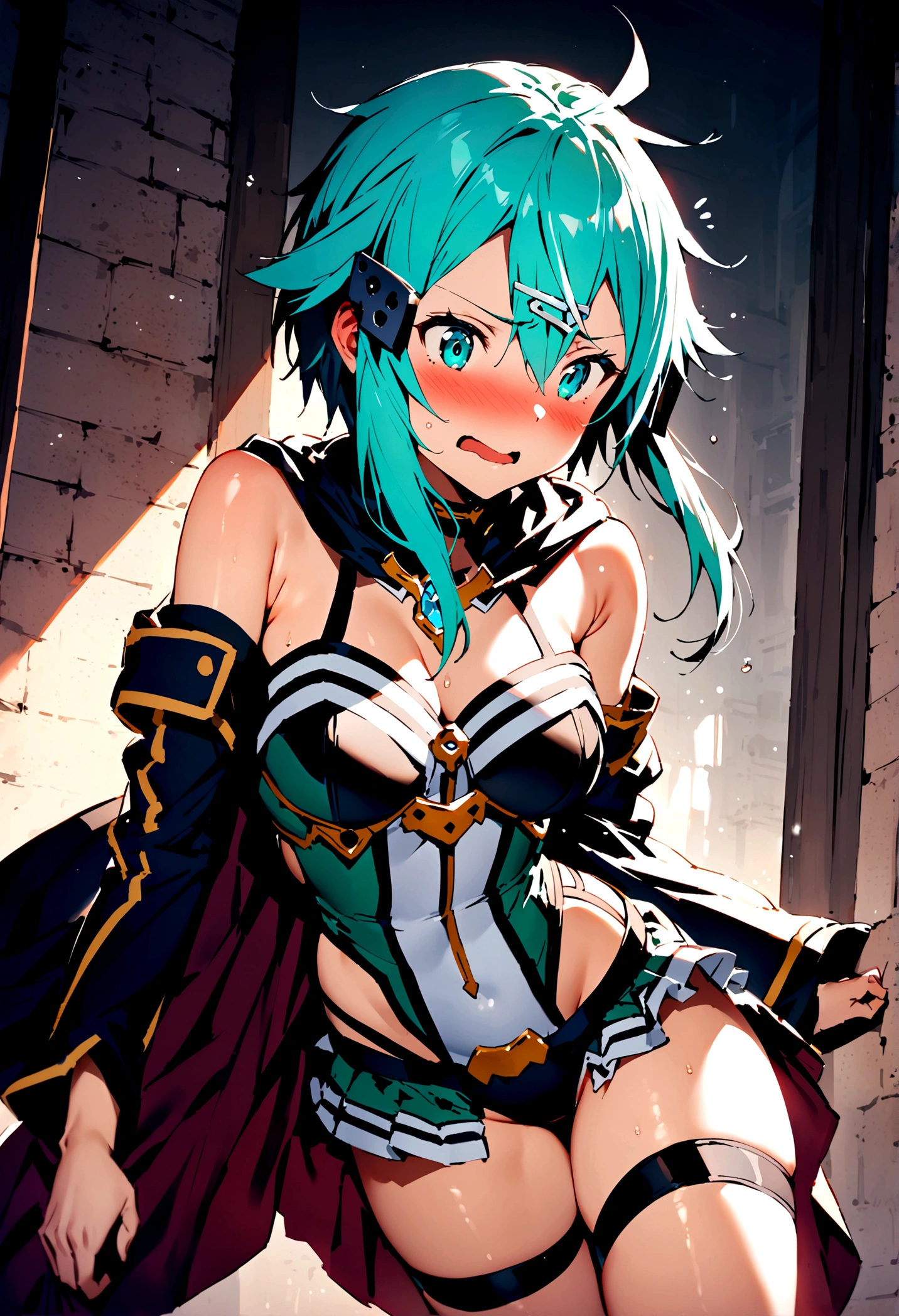 NSFW,masterpiece,Highest quality,High resolution,Super detailed,Sinon\(Sword Art Online\),Bare shoulders,Removable sleeves,Hand guard,leotard,Cape,Frilled mini skirt,gem, hair ornaments, Hair Clip,Thigh straps,Embarrassed,Surprised face,(Lust),(Estrus),blush,Fantasy,Adventurer&#39;s Guild,reception,indoor,(male),Pulling your arm