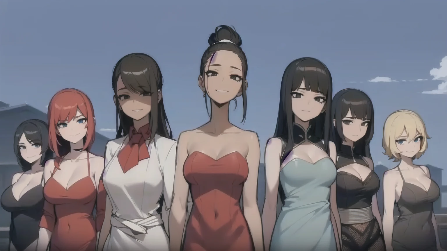 seven sexy women who are wives of boy, looking at camera, seductive smiles, portrait, various hair