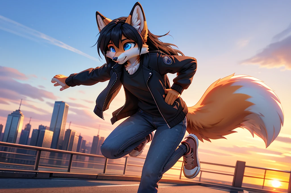 youthful, adolescent, tall, slim, anthropomorphic furry fox character, distinctly feminine figure, narrow hips, long legs, thick, fluffy, volumetric fur, and cinematic high fidelity 3D CAD Model style, vibrant orange fur with white accents, piercing blue eyes, long flowing black hair, mid-action jumping from a moving train, intense determination, wind blowing fur and hair, wearing a casual jacket and jeans, cityscape in background, sunset casting dramatic shadows, hands reaching forward, capturing the leap.