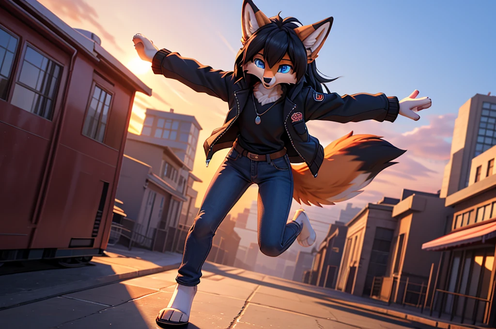 youthful, adolescent, tall, slim, anthropomorphic furry fox character, distinctly feminine figure, narrow hips, long legs, thick, fluffy, volumetric fur, and cinematic high fidelity 3D CAD Model style, vibrant orange fur with white accents, piercing blue eyes, long flowing black hair, mid-action jumping from a moving train, intense determination, wind blowing fur and hair, wearing a casual jacket and jeans, cityscape in background, sunset casting dramatic shadows, hands reaching forward, capturing the leap.