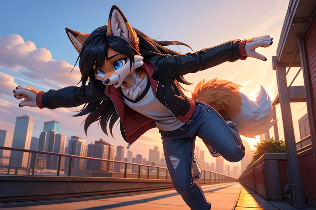 youthful, adolescent, tall, slim, anthropomorphic furry fox character, distinctly feminine figure, narrow hips, long legs, thick, fluffy, volumetric fur, and cinematic high fidelity 3D CAD Model style, vibrant orange fur with white accents, piercing blue eyes, long flowing black hair, mid-action jumping from a moving train, intense determination, wind blowing fur and hair, wearing a casual jacket and jeans, cityscape in background, sunset casting dramatic shadows, hands reaching forward, capturing the leap.