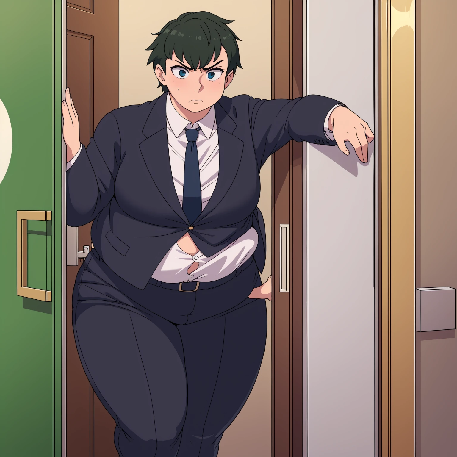 masterpiece, 1girl behind a doorway, from front, (doorstuck, stuckfront:1.3), wide hips,  thick thighs, colorful clothing, wearing suit and tie and formal pants, upset 