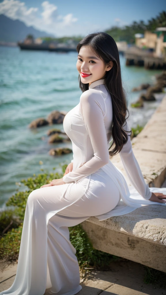 detailed body, attractive body, perfect human body, realistic face,
(ultimate quality, masterpiece, highres:1.0), realistic:1.6, photorealistic,
[8k UHD photos, UHD high quality photos, Super detailed and super clear images],
Close-up of a Vietnamese girl with a beautiful face and balanced body, leggy, round face, big round eyes, Charming smile, Red lips, long curly eyelashes, big dimples, pointed chin, plump face, Her face resembles BB_QuynhHuong, Tall and plump figure, see-through pants with clearly visible underwear,
wearing a bright and shiny white silk ao dai with embroidered flowers, sitting and playing with the sand and ocean waves, ocean waves wet clothes, pose sexy,
Silk ao dai,