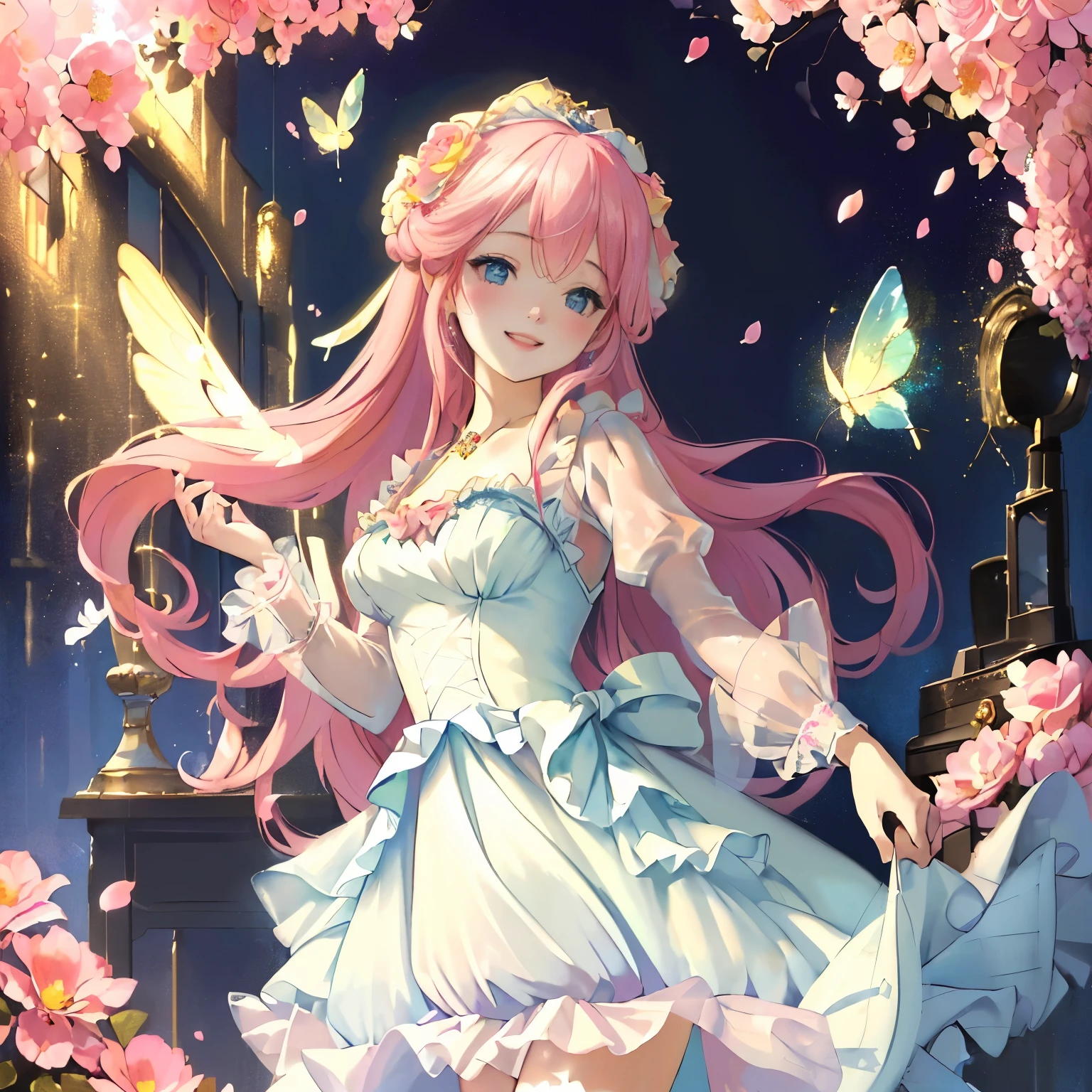 (masterpiece,Highest quality, Very detailed, beautiful, Exquisite, 16K, Full HD), (Asahi,sunlight,sunny,Petals fluttering,garden),((smile,Happy:1.5)),get up,((Ruffles, rhinestones and flowers,Sparkling fluffy layered ball gown)),One girl, lillia, One Girl、Pink long hair、blue eyes、White dress with black lace、large pink ribbon on the chest、 Lots of flowers,Floral decoration,,Dazzling Light, Warm lighting, (pastel colour,Tabletop, Art Station, Fantasy art:1.2), 
