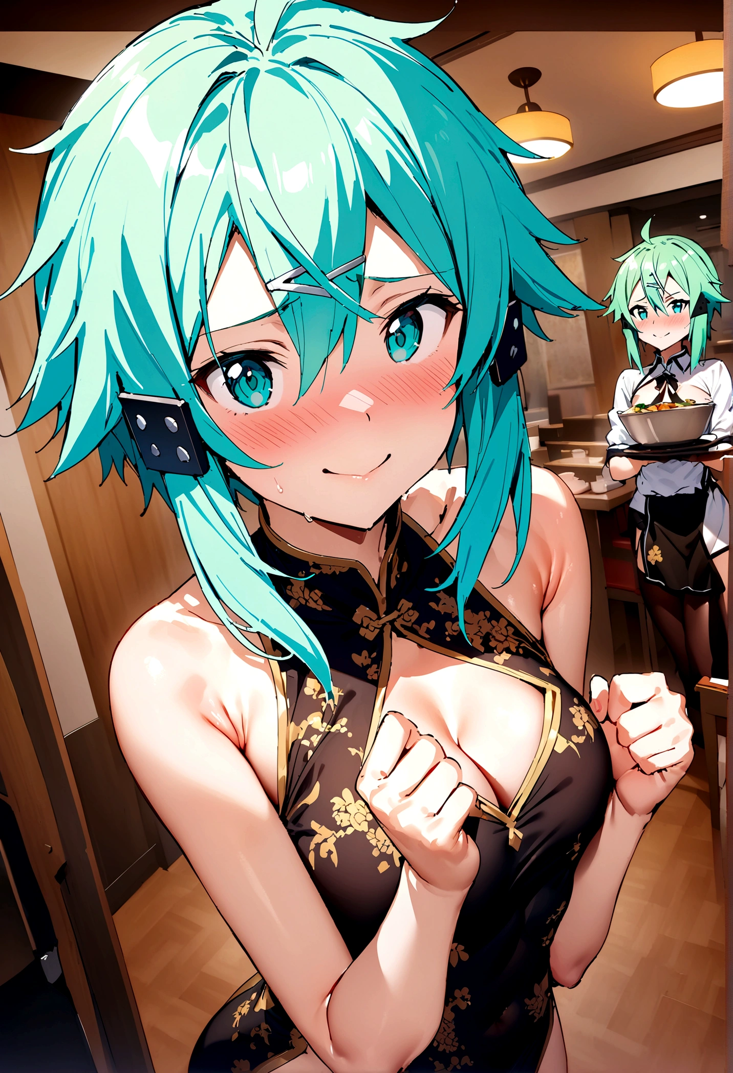 NSFW,masterpiece,Highest quality,High resolution,Super detailed,Sinon\(Sword Art Online\),(China dress),Bare shoulders,Cleavage, hair ornaments, Hair Clip,Embarrassed,expectant face,smile,blush,Chinese restaurant,Reception,Naughty service