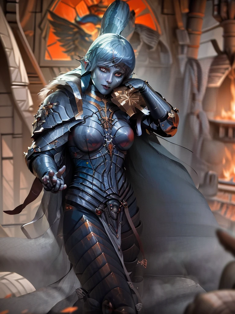 fantasy art, dnd art, RPG art, wide shot, (masterpiece: 1.4) a (portrait: 1.3) intense details, highly detailed, photorealistic, best quality, highres, portrait a vedalken female (fantasy art, Masterpiece, best quality: 1.3) ((blue skin: 1.5)), intense details facial details, exquisite beauty, (fantasy art, Masterpiece, best quality) cleric, (blue colored skin: 1.5) 1person blue_skin, blue skinned female, (white hair: 1.3), long hair, intense (green: 1.3) eye, fantasy art, Masterpiece, best quality) armed a fiery sword red fire, wearing heavy (white: 1.3) half plate mail armor, wearing high heeled laced boots, wearing an(orange :1.3) cloak, wearing glowing holy symbol GlowingRunes_yellow, within fantasy temple background, reflection light, high details, best quality, 16k, [ultra detailed], masterpiece, best quality, (extremely detailed), close up, ultra wide shot, photorealistic, RAW, fantasy art, dnd art, fantasy art, realistic art,((best quality)), ((masterpiece)), (detailed), perfect face, ((no ears: 1.6))
