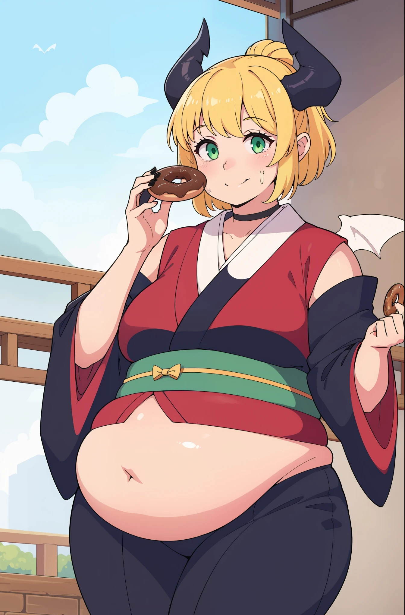 amon sloth, 1girl, short_hair, solo, green_eyes, bow, hair_bow, brown_hair, blonde_hair, smile, green_bow,        detached_sleeves, japanese_clothes, wings, choker, wide_sleeves, kimono, sash, bat_wings, yellow_bow, demon_wings, eating, holding_food, black_nails, doughnut belly, belly stuffing, belly inflation,  overeating, (eating:1.2)