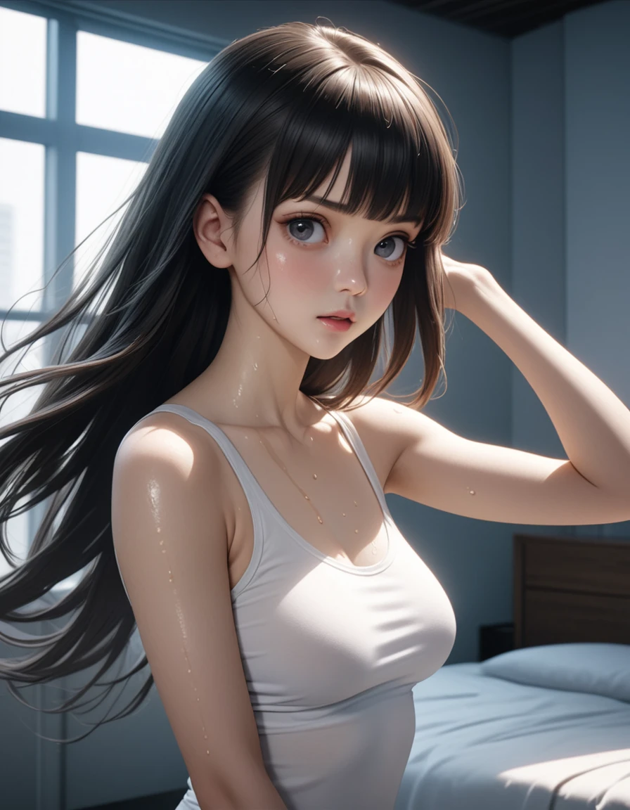 (2.5d anime, realistic,best quality, masterpiece, high resolution),cowboy shot,1woman,25 year old beauty,black hair,long hair,blunt bangs,black eyes,gorgeous eyes,shy,White tight tank top、Light grey sweat shortedium breasts,(skinny,slender body),gleaming skin,oily skin,Simple bedroom、Side lighting, oily skin, 8K Ultra HD, Soft Light, high quality, high resolution, 8K,