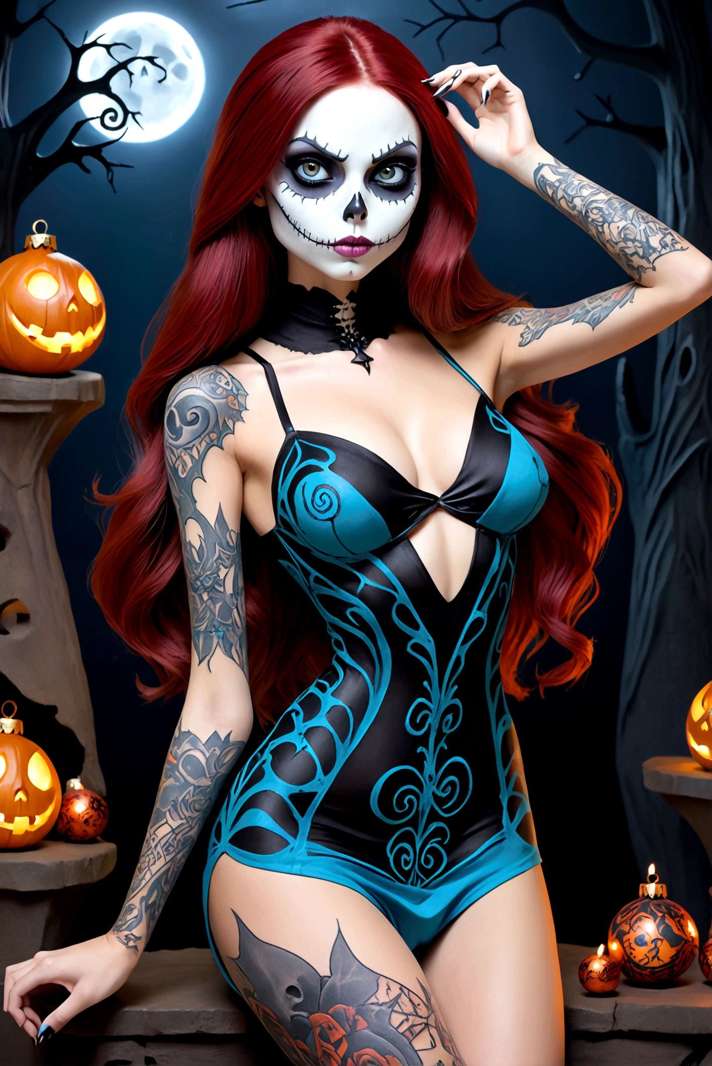 Create a hyper detailed photograph of a nightmare before Christmas tattooed young sexy sally Skellington, Stunningly perfect gorgeous face, perfect makeup,detailed vibrant eyes, long hair,detailed perfect beautiful legs, detailed perfect beautiful arms, realistic torso, muscular abs, sally Skellington detailed silky smooth skin texture,detailed silky smooth perky breast, perfect round ass, nightmare before Christmas sexy seductive strappy lingerie dress, back to viewer looking forward,