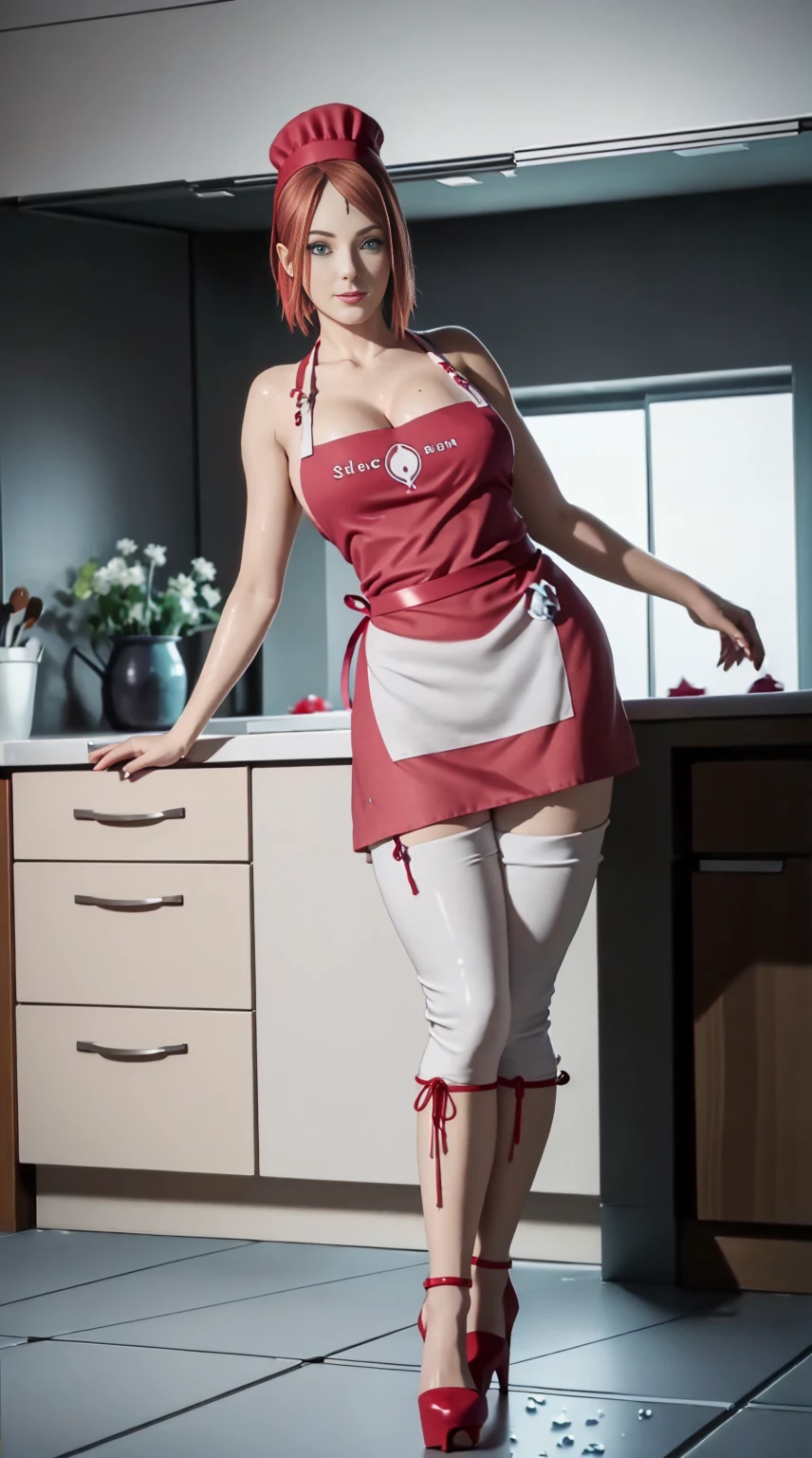 1GIRL, CURVY, THICK, SOLO, WIDE HIPS (ssmile, makeup, beautifull eyes, red libs), (WET SEXY APRON CHEF, CLEAVAGE, SKINTIGHT HOTPANTS, HIGH HEELS:1.5), (SLENDER BODY, SEXY LONG LEGS, FULL BODY:1.5), (LOOKING AT VIEWER:1), (in the kitchen:1.3), PHYSICALLY-BASED RENDERING, ULTRA HIGHT DEFINITION, 8K, 1080P. Bikini