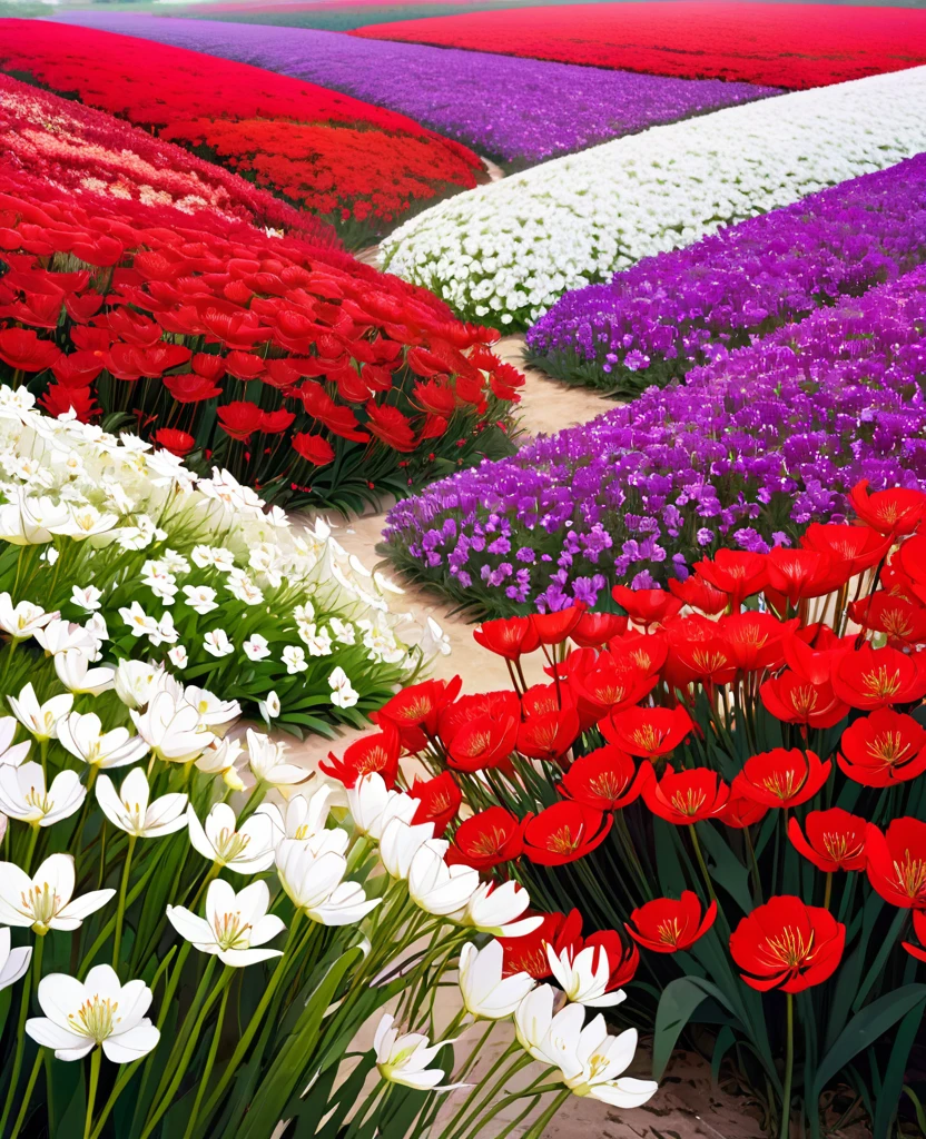 Purple and white flower field on the right,On the left is a red spider lily field.,