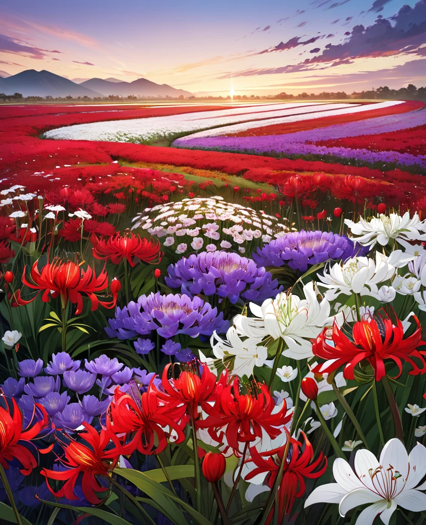 Purple and white flower field on the right,On the left is a red spider lily field.,
