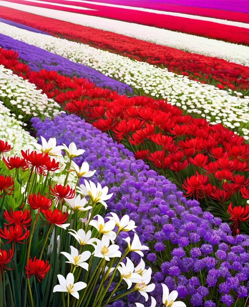 Purple and white flower field on the right,On the left is a red spider lily field.,