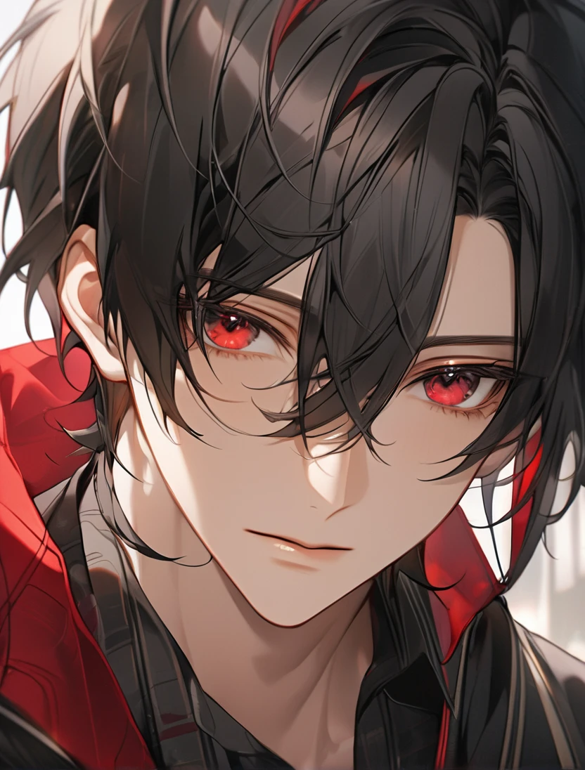 (Black_Hair), (red_ruby_eyes), (Handsome), (attractive), (perfect_anime_face), (male), (close_up_shot), (detailed_eyes), (detailed_hair), (clean_hair), (expressionless), (vertical_pupils), (peaceful_atmosphere), (mole_below_left_eye)