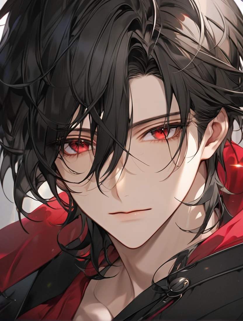 (Black_Hair), (red_ruby_eyes), (Handsome), (attractive), (perfect_anime_face), (male), (close_up_shot), (detailed_eyes), (detailed_hair), (clean_hair), (expressionless), (vertical_pupils), (peaceful_atmosphere), (mole_below_left_eye)