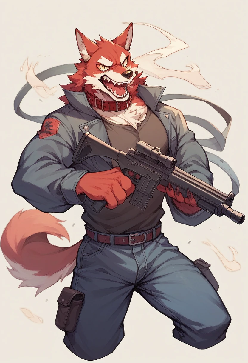 Imagine um pitbull, with a collar, Eyes red, sharp teeth with canines showing, holding two machine guns