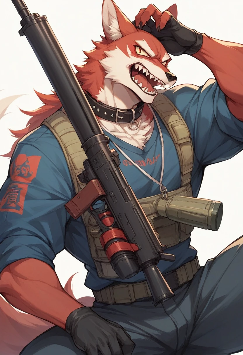 Imagine um pitbull, with a collar, Eyes red, sharp teeth with canines showing, holding two machine guns