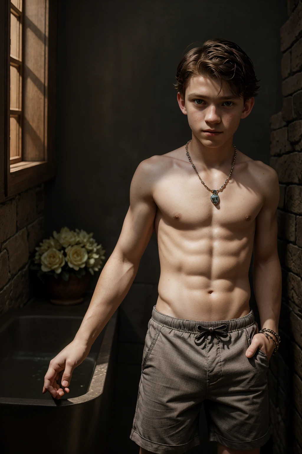 UNDERWEAR, SHORTS, PANTS, AS TOM HOLLAND, (((LITTLE CUTE YOUNG BOY))), (fantasy art), 1 boy, about ,, IN BATHROOM, AI NIGHT, NO LIGHT, , beautiful, perfect face, sweet face, with a fantastic big white dragon, dark eyes, fantastic clothes with bare arms and legs , medium mane dark hair, fantastic hairstyle, necklaces and bracelets,, fantasy, (masterpiece, photorealistic, absurd), dappled sunlight, studio lighting, ((on neutral dark gray background)),, IN CASTLE