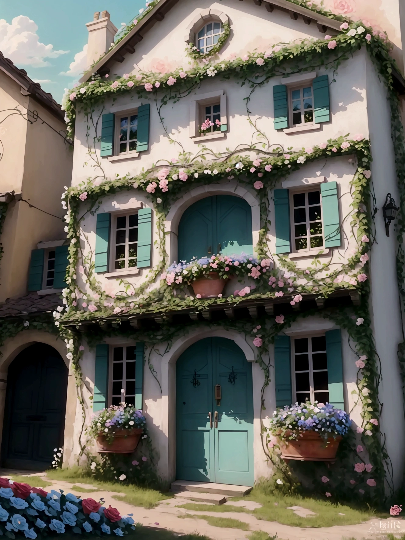  a building with a bunch of flowers on it, beautifully painted, nature and floral aesthetics, decorated with flowers, incredibly beautiful, overgrown with flowers, flowery cottage, beautiful and aesthetic, beautiful colorful, portal made of roses, beautiful aesthetic, flowers and vines, french architecture, vines and flowers, this is beautiful, covered with flowers