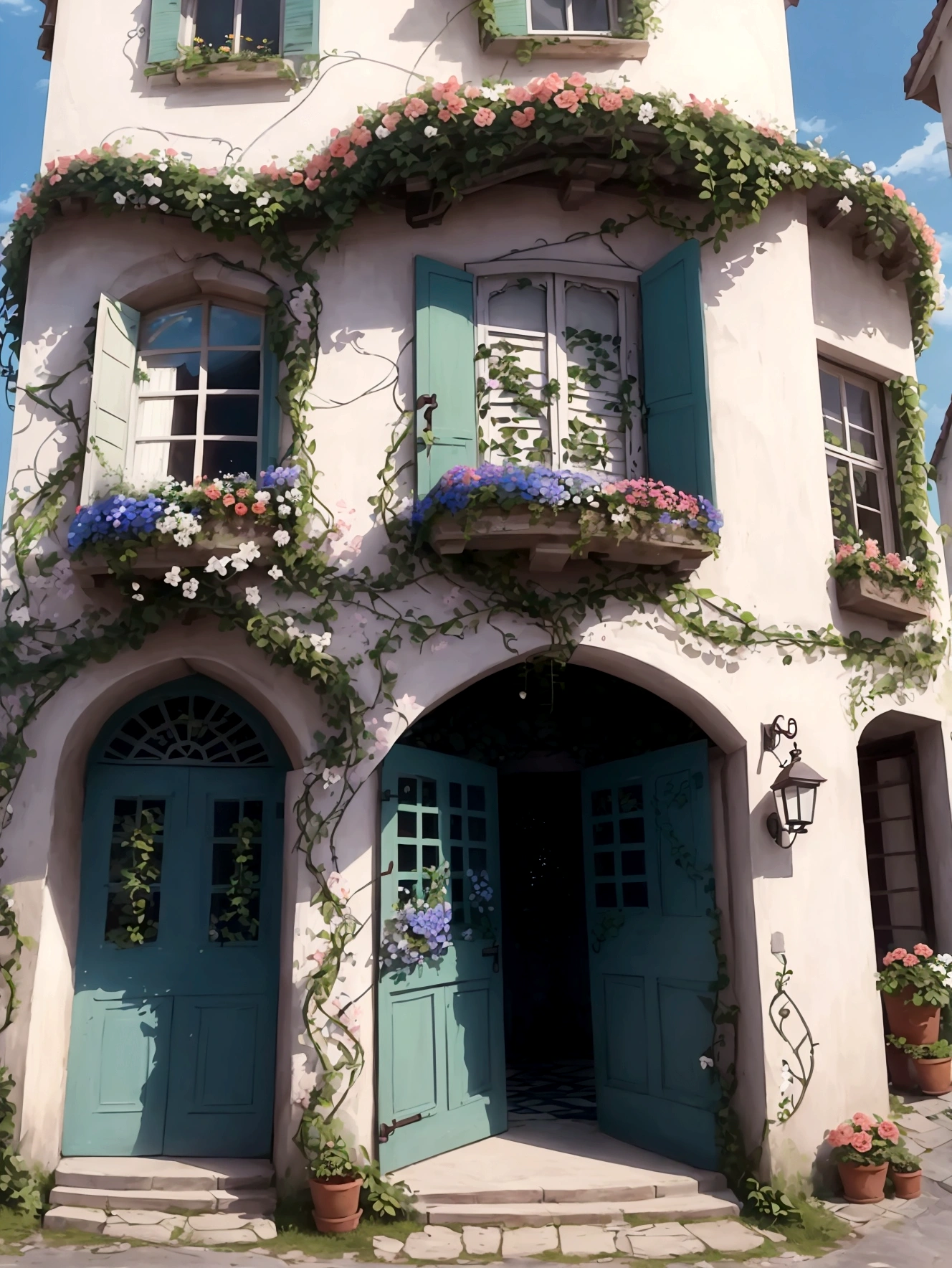  a building with a bunch of flowers on it, beautifully painted, nature and floral aesthetics, decorated with flowers, incredibly beautiful, overgrown with flowers, flowery cottage, beautiful and aesthetic, beautiful colorful, portal made of roses, beautiful aesthetic, flowers and vines, french architecture, vines and flowers, this is beautiful, covered with flowers