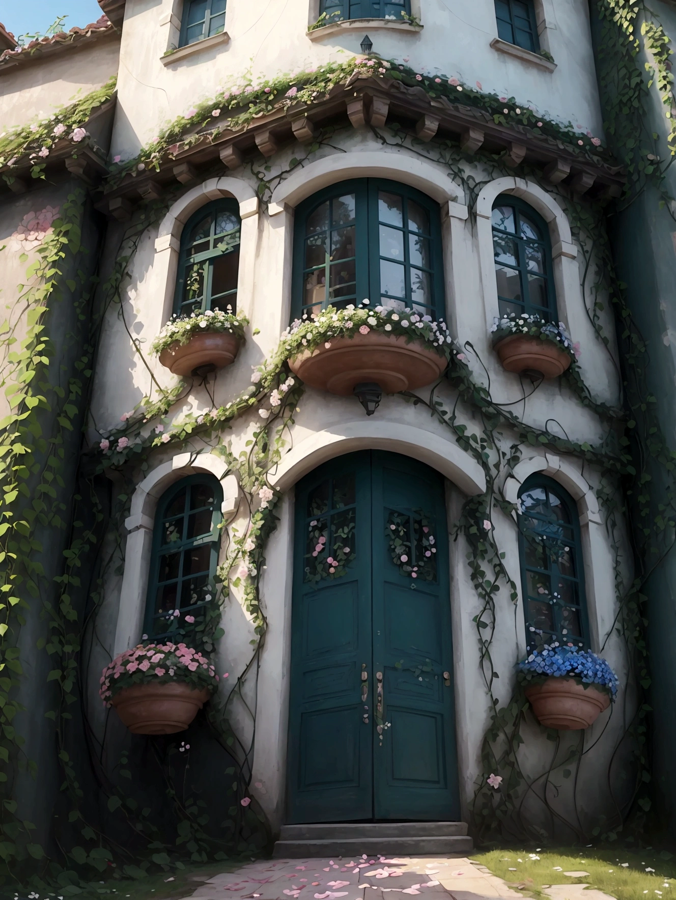  a building with a bunch of flowers on it, beautifully painted, nature and floral aesthetics, decorated with flowers, incredibly beautiful, overgrown with flowers, flowery cottage, beautiful and aesthetic, beautiful colorful, portal made of roses, beautiful aesthetic, flowers and vines, french architecture, vines and flowers, this is beautiful, covered with flowers