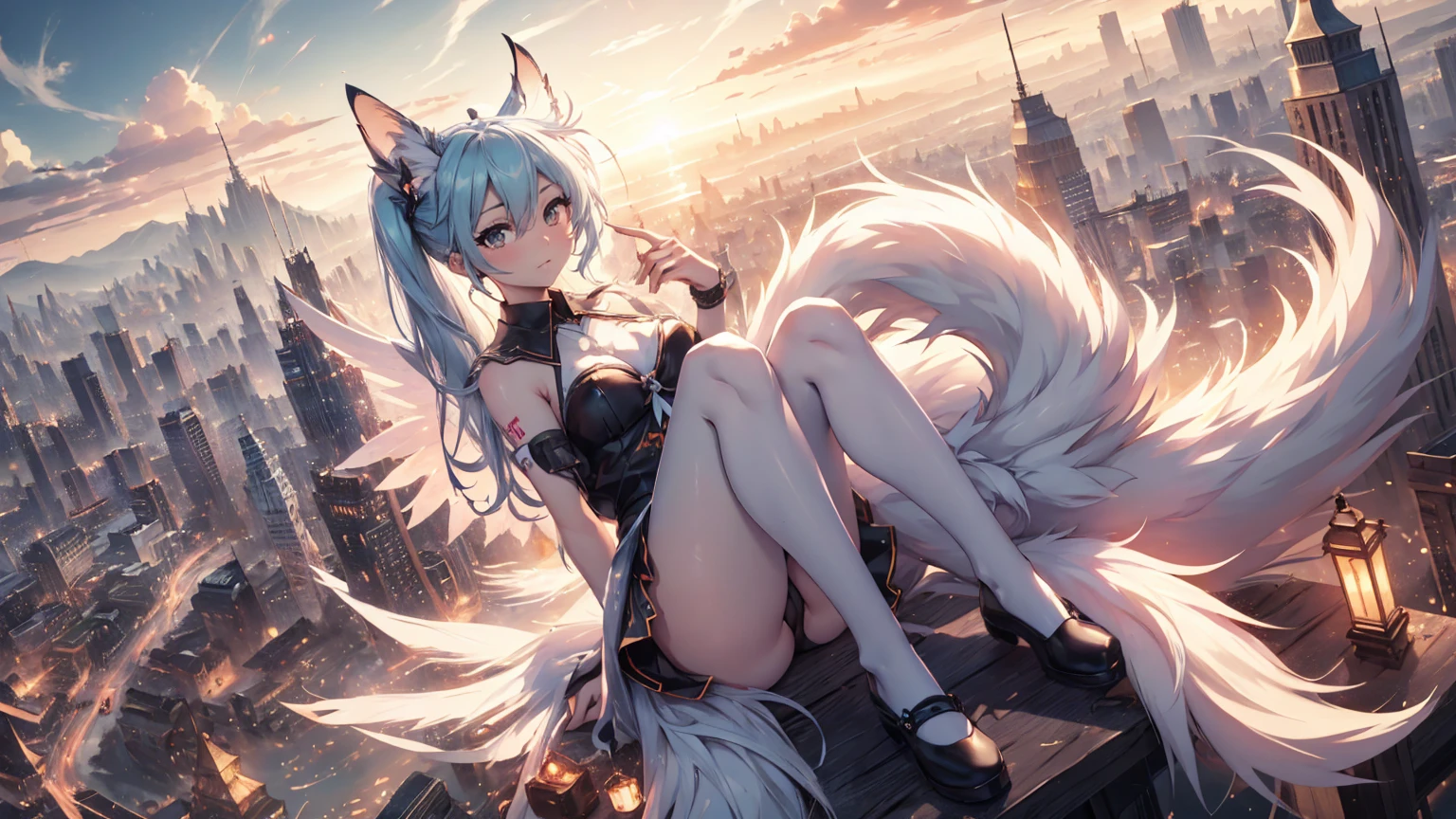 ({{highres}}) NFSW,anime girl,18 year old tenage girl, animated style, beautiful hatsune miku x kitsune white, shy girl , kitsune ears, dark art by natasha, city landscape, aztra vixen art, full body high definition in details the best image quality, add_detail:1  kitsune in heaven add_detail:1,  flying from the sky observes a city, apunto de diaparar un rayo solar con su brazo izquierdo add_detail:1, Angel Girl, 6 feather angel wings add_detail:1