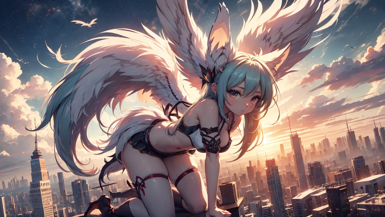 ({{highres}}) NFSW,anime girl,18 year old tenage girl, animated style, beautiful hatsune miku x kitsune white, shy girl , kitsune ears, dark art by natasha, city landscape, aztra vixen art, full body high definition in details the best image quality, add_detail:1 kitsune in heaven add_detail:1, flying from the sky observes a city, apunto de diaparar un rayo solar con su brazo izquierdo add_detail:1, Angel Girl, 6 feather angel wings add_detail:1