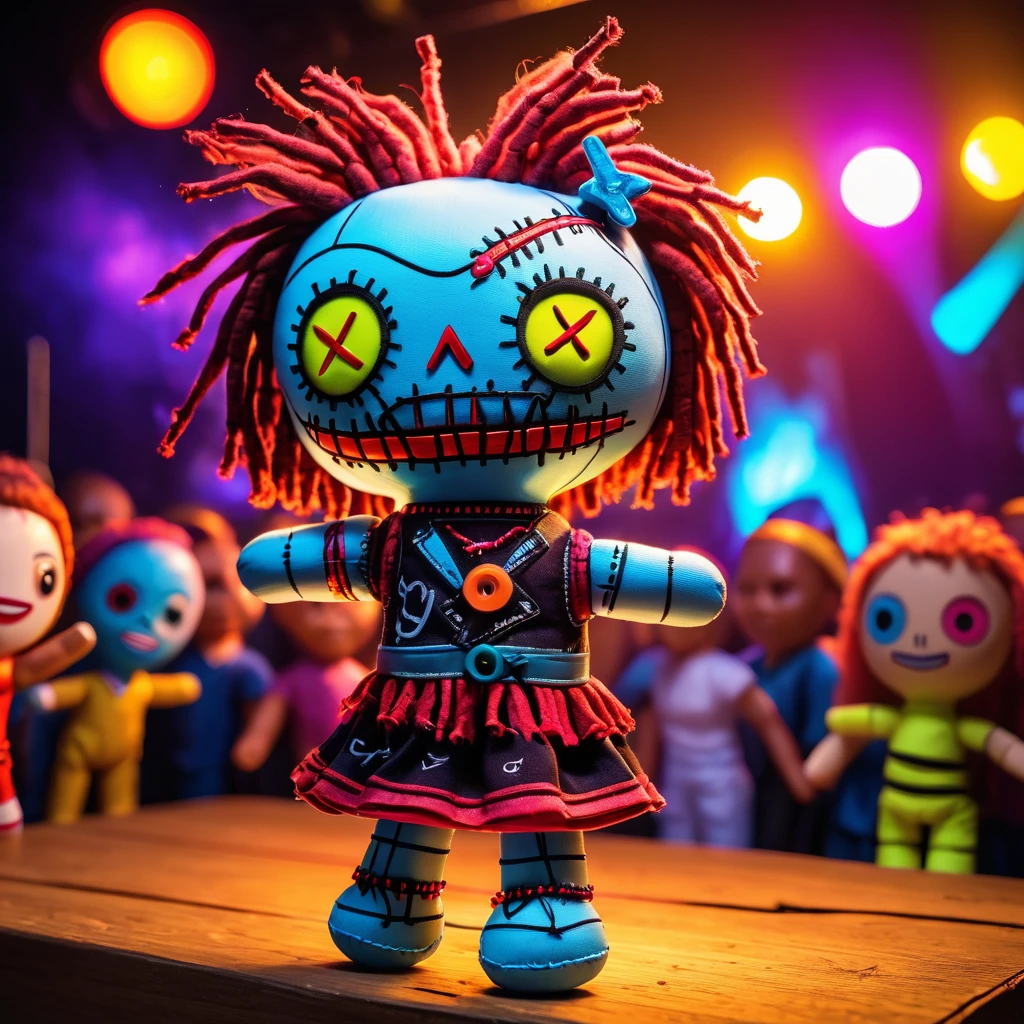 (knitted toy voodoo doll:1.5), (Voodoo in Open Air Concert:1.3), (Clothing: festival attire:1.0), (Accessories: music program, glow stick:1.1), (background: lively open-air concert with floating notes, glowing stage lights, and dancing crowd:1.2), best quality, masterpiece, detailed soft oil painting, detailed background, dramatic cinematic lighting, soft edge lighting, professional, dramatic lighting, hard edge lighting, ultra quality, 4k, masterpiece, best quality, 8k, ultra high definition, high resolution, extremely detailed