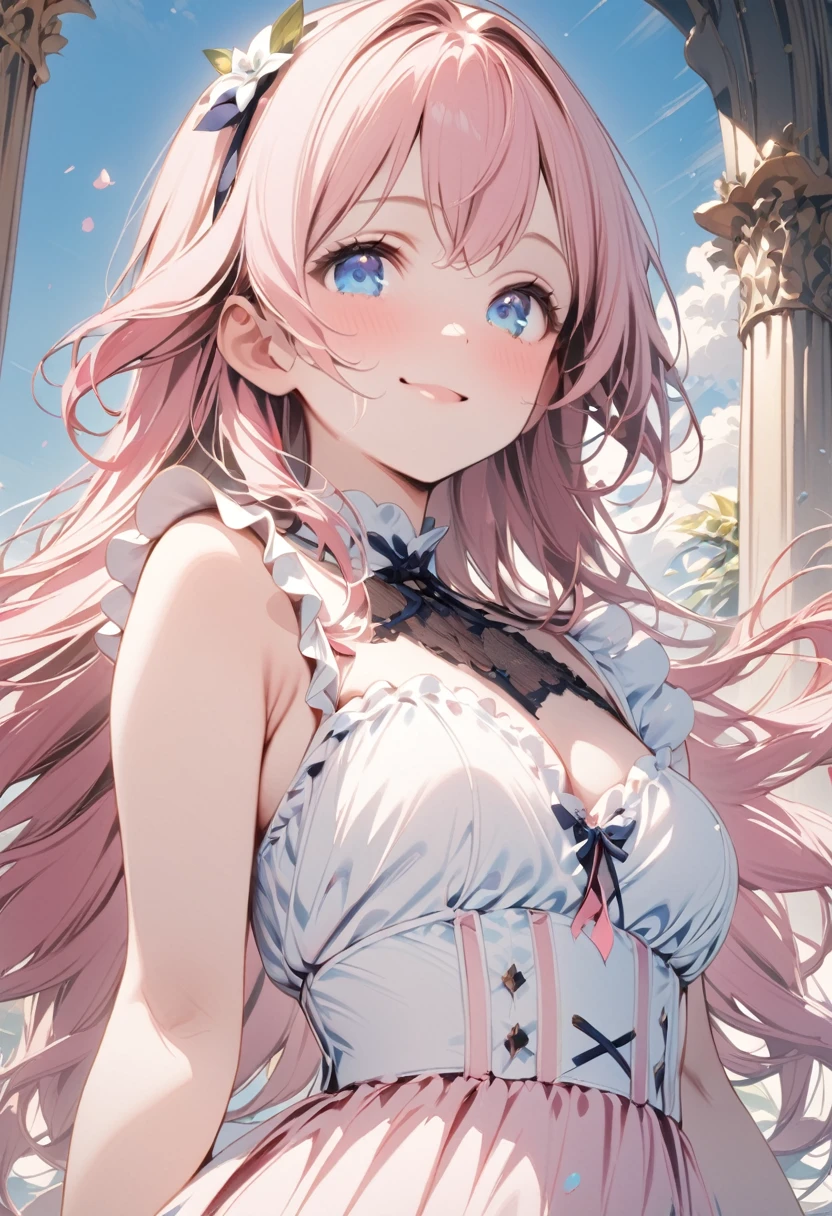 (masterpiece, Highest quality:1.2), One girl, alone,One girl, lillia, One Girl、Pink long hair、blue eyes、White dress with black lace、large pink ribbon on the chest、 Cinematic Views, Portraiture,, Cute Smile, Dynamic Angle, Pink Dress,
