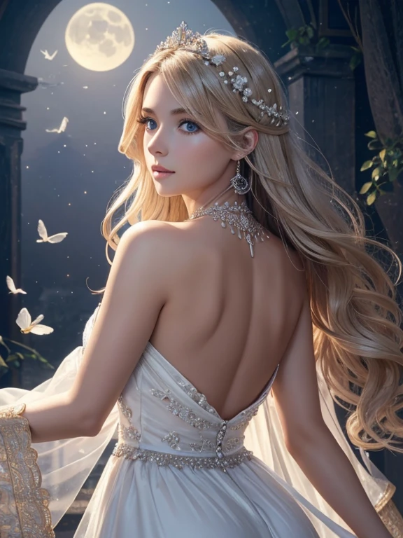 (masterpiece,Highest quality,High resolution,Super detailed,8K),woman,alone,,Official artwork,Greek Goddess,,whole body,Facing forward,Ample breasts,Beautiful valley,Silver blonde hair,,Medium Long、Hair is bunched back,(Beautiful Face,Beautiful Eyes,Blue Eyes,Beautiful nose,Beautiful lips),A look of kindness and compassion,Slender beauty,Looking at this,flower,bird,moon,jewelry,necklace,,White Dress,Sleeveless,Holding,Ancient images,Detailed configuration,background,,(Fractal Art:1.2),Detailed CG,
