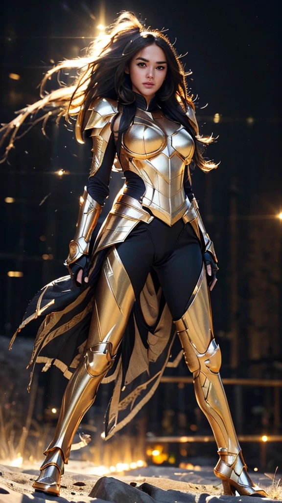 ((best quality)), ((masterpiece)), (ultra detailed lights), ((full body)), 1girl, extremely beautiful, ((fit body)), thighs gap, ultra face details, ((black hair)), ((hair blown by strong winds :1.3)), Award-winning photograph, ((symmetrical pose)), goddess with (golden sword) in ((full body golden black steel-armor)) are in the middle of battlefield, posing in the middle, intricate details, ((thight golden armour)), ((extremely details armor)), ((24k-gold armor)), ((edge luminous armor)), cameltoe, luminescent, epic lights reflections, at beach, full of stars, orange clouds, nebula sky, epic aurora borealis in the background, shooting stars, ((from below))