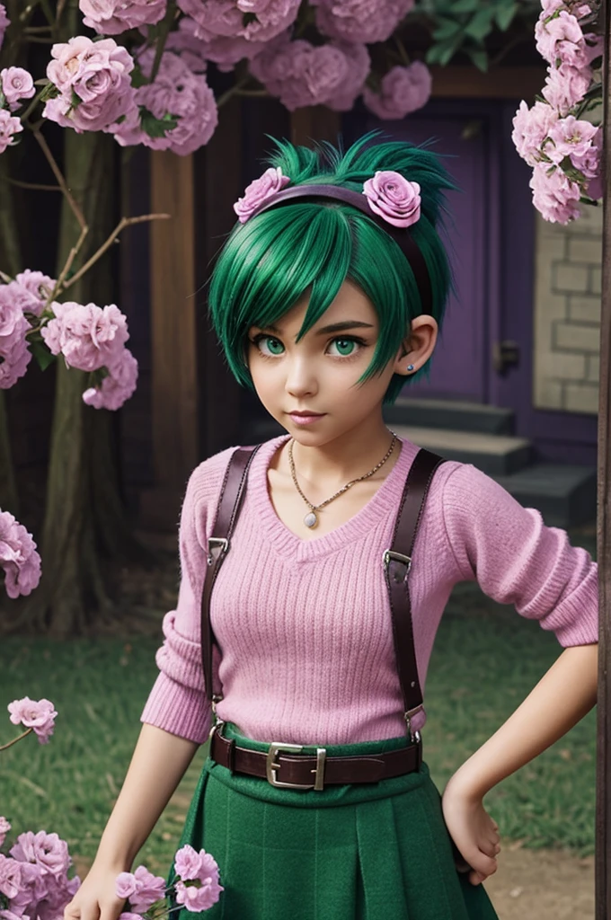 a girl with green hair and raccoon ears, fuller body, short hair, who wears a pink sweater with suspenders, a necklace with a cross and a short dark purple skirt with a belt, with psychic powers similar to Ness from EarthBound, with green eyes, in Pixel Art Style like the EarthBound video game, with a tail that has green fur like its ears, and ensures the character looks cute, wearing deep purple tights, with flowers like roses on her head