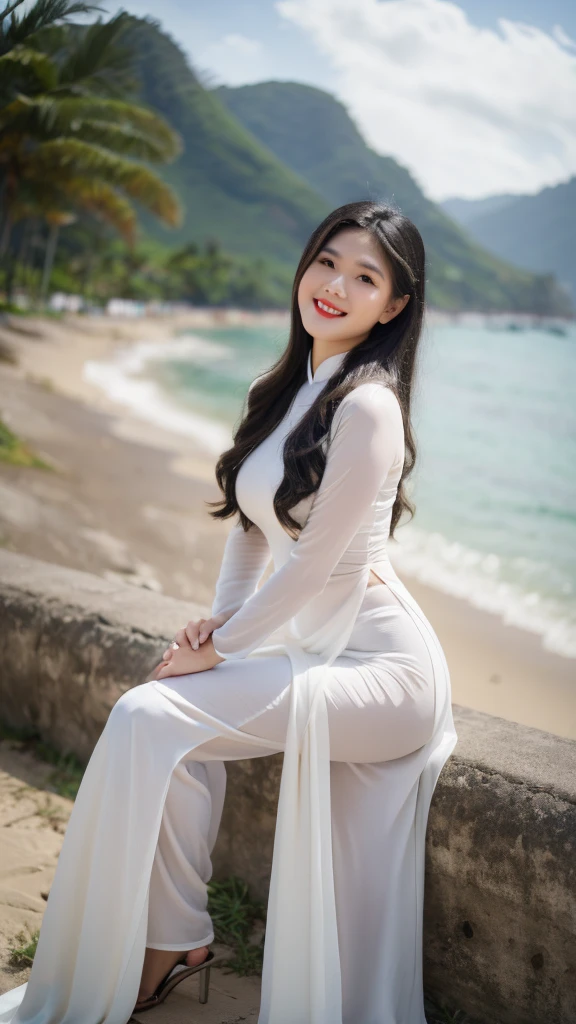 detailed body, attractive body, perfect human body, realistic face,
(ultimate quality, masterpiece, highres:1.0), realistic:1.6, photorealistic,
[8k UHD photos, UHD high quality photos, Super detailed and super clear images],
Close-up of a Vietnamese girl with a beautiful face and balanced body, leggy, round face, big round eyes, Charming smile, Red lips, long curly eyelashes, big dimples, pointed chin, plump face, Her face resembles BB_QuynhHuong, Tall and plump figure, see-through pants with clearly visible underwear,
wearing a bright and shiny white silk ao dai with embroidered flowers, sitting and playing with the sand and ocean waves, ocean waves wet clothes, pose sexy,
Silk ao dai,