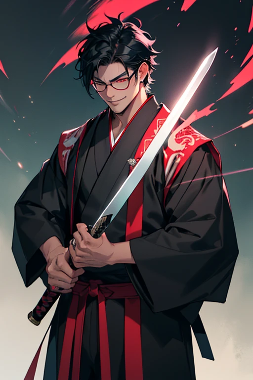 Beautiful young man with short black hair and blsck rim glasses. Magic samurai clothes. Black clothes. He is smirking. controlling the magic of teal lightning with samurai sword. Decorated with skulls. Evil magic. Background is a red evil streaky sky. Dark toned skin.