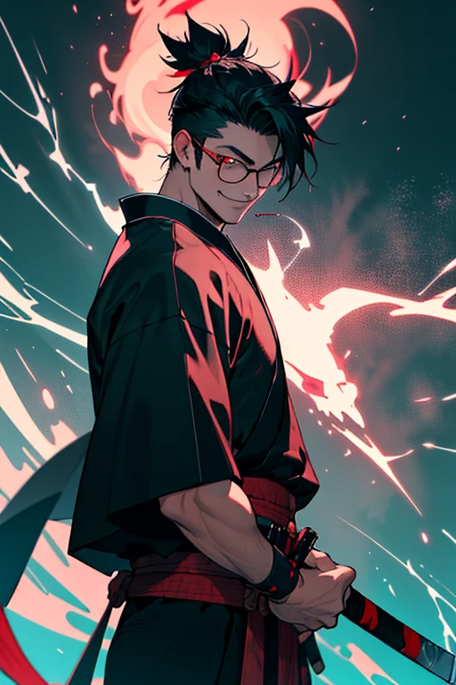 Beautiful young man with short black hair and blsck rim glasses. Magic samurai clothes. Black clothes. He is smirking. controlling the magic of teal lightning with samurai sword. Decorated with skulls. Evil magic. Background is a red evil streaky sky. Dark toned skin.