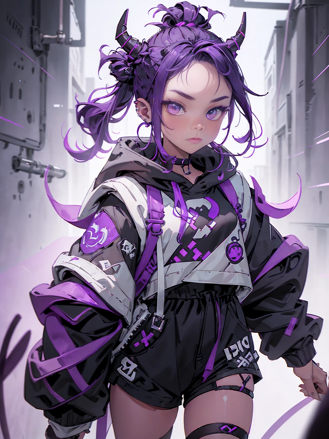 boy, thoughtful look, open forehead, black and purple hair braided into a ponytail on the left side in a bun. small curly black horns wrapped in white ribbon, pale violet eyes, short dark purple shorts. Long white t-shirt. dark purple knee socks. dark purple hooded robe. dark corridor with stairs, rays of light falling